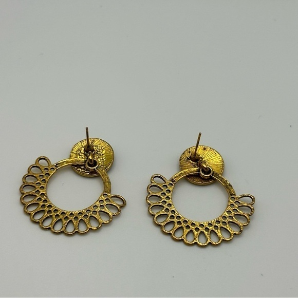 Boho Filigree Gold Tone Hoop Stud Earrings with Pale Green Medallion - Picture 5 of 8